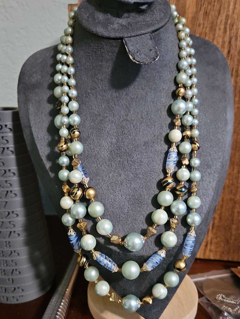 Seafoam Green Multi-Strand Beaded Necklace with Gold Accents